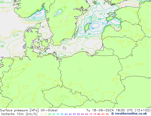 Isotachen (km/h) UK-Global di 18.06.2024 18 UTC