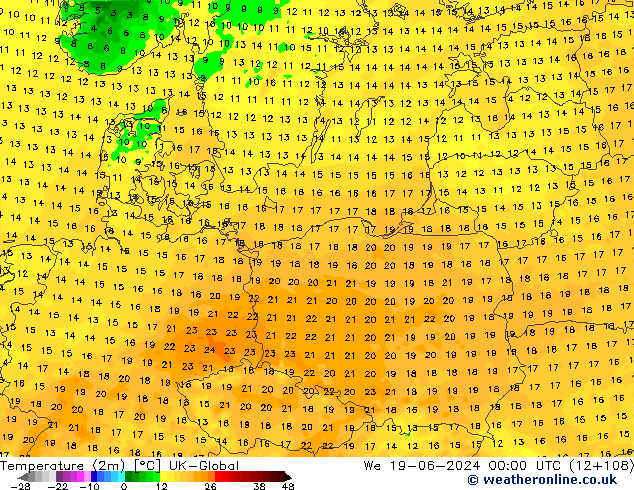 Temperatuurkaart (2m) UK-Global wo 19.06.2024 00 UTC