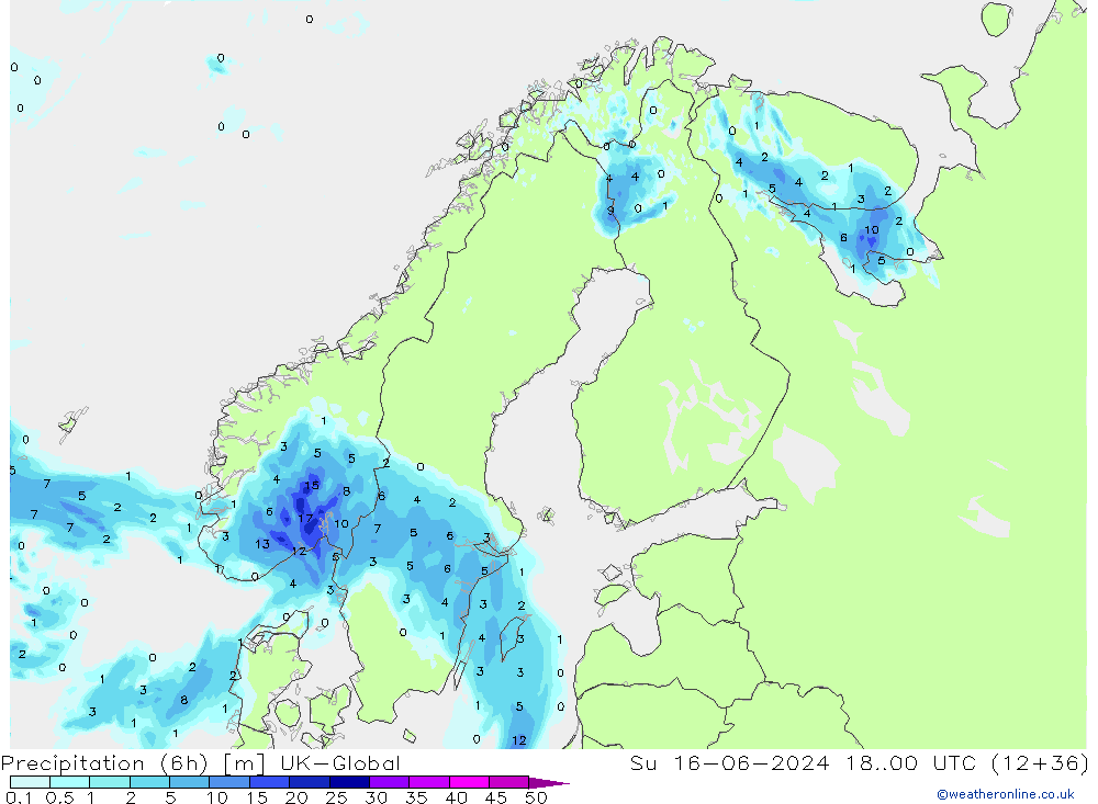 Precipitation (6h) UK-Global Su 16.06.2024 00 UTC