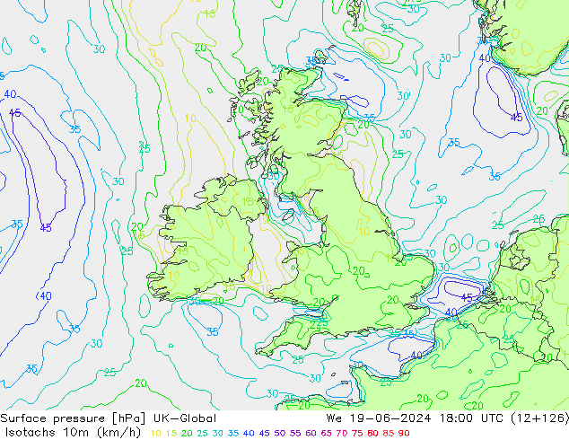 Izotacha (km/godz) UK-Global śro. 19.06.2024 18 UTC