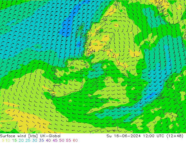 Surface wind UK-Global Su 16.06.2024 12 UTC