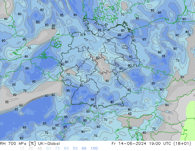 Humidité rel. 700 hPa UK-Global ven 14.06.2024 19 UTC