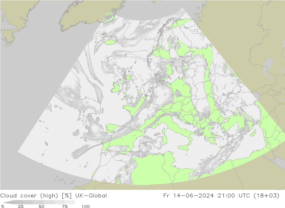 Cloud cover (high) UK-Global Fr 14.06.2024 21 UTC