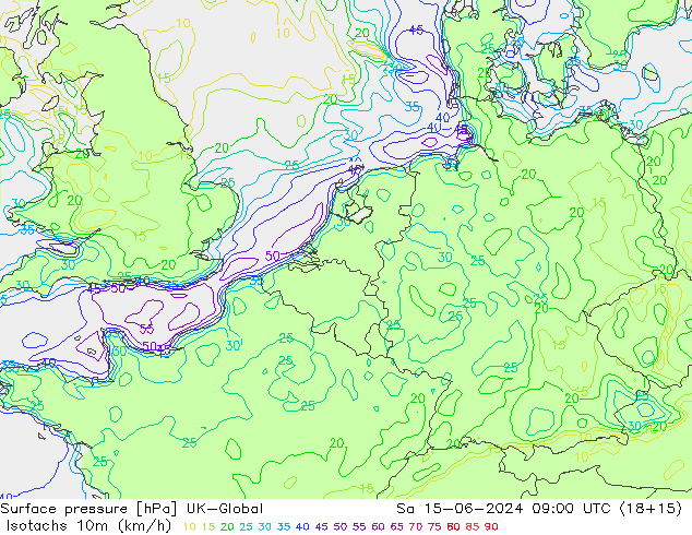 Isotachs (kph) UK-Global sab 15.06.2024 09 UTC