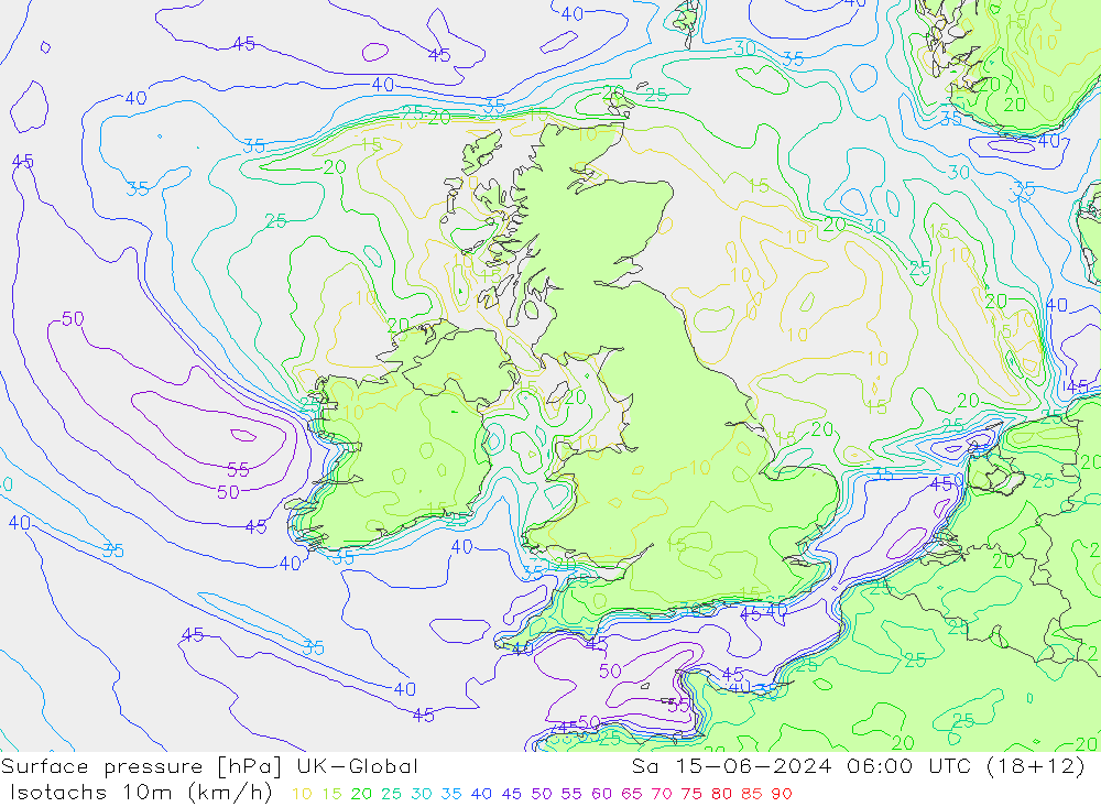 Isotachs (kph) UK-Global Sa 15.06.2024 06 UTC