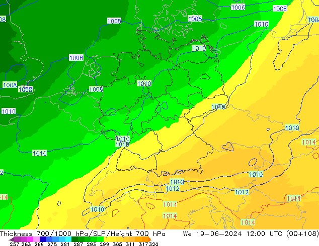 Thck 700-1000 hPa UK-Global We 19.06.2024 12 UTC