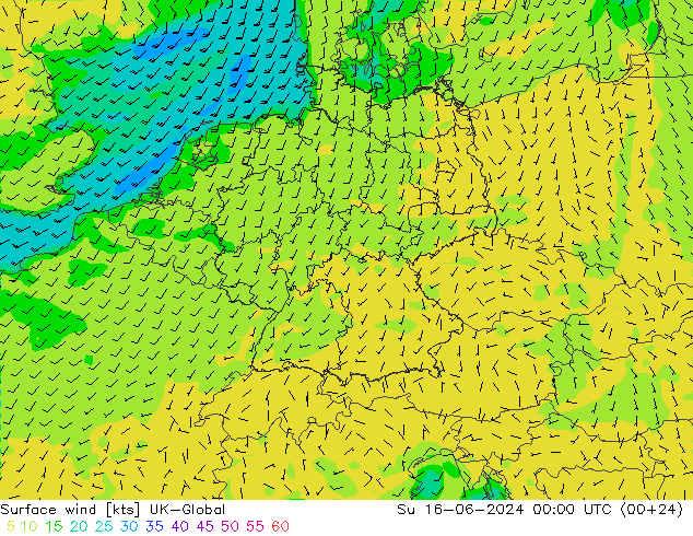 Surface wind UK-Global Su 16.06.2024 00 UTC