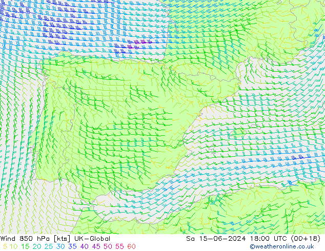 Vent 850 hPa UK-Global sam 15.06.2024 18 UTC