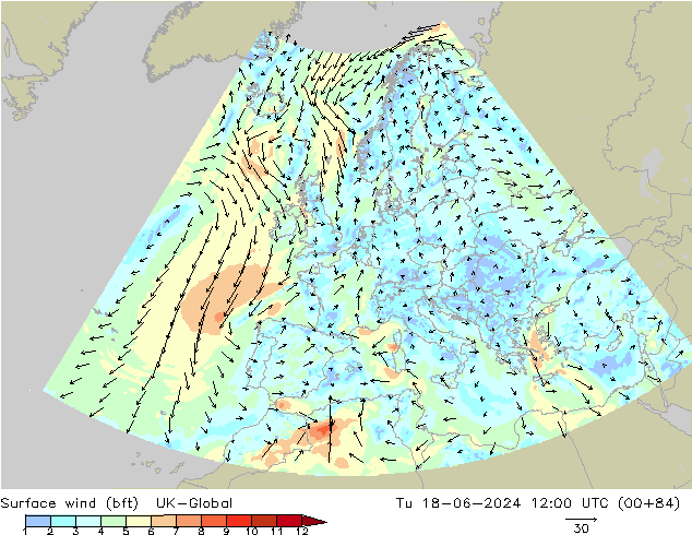Bodenwind (bft) UK-Global Di 18.06.2024 12 UTC