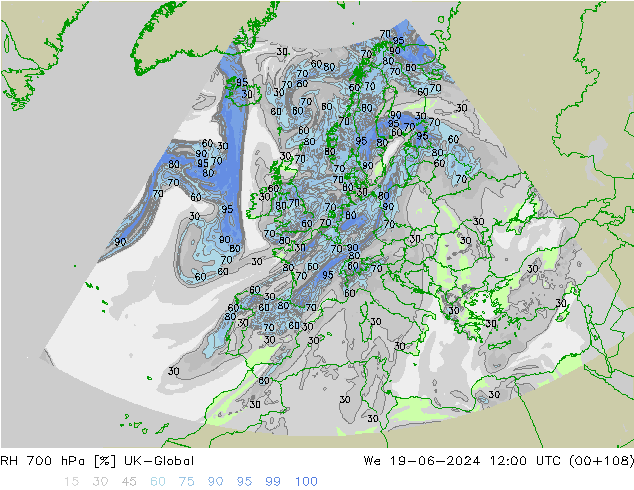 Humidité rel. 700 hPa UK-Global mer 19.06.2024 12 UTC