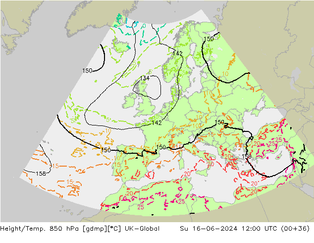 Height/Temp. 850 hPa UK-Global Su 16.06.2024 12 UTC