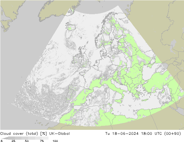 Cloud cover (total) UK-Global Tu 18.06.2024 18 UTC