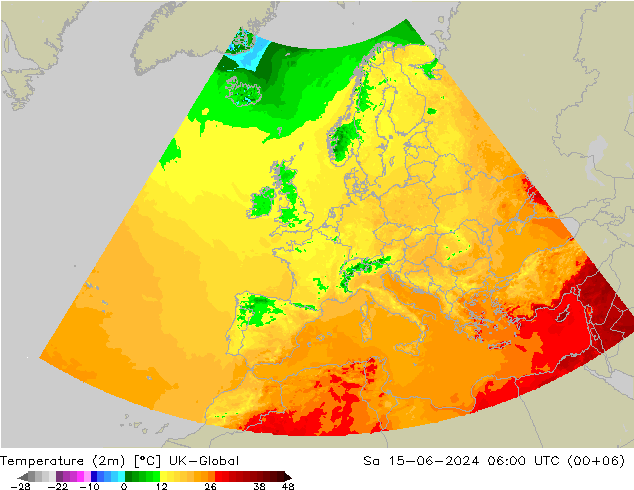 Temperaturkarte (2m) UK-Global Sa 15.06.2024 06 UTC