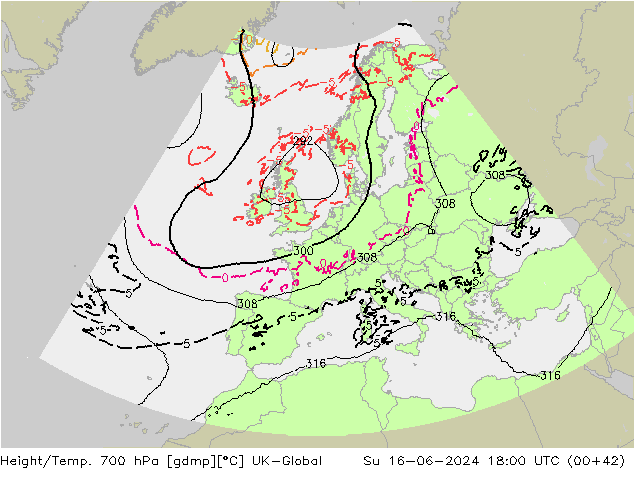 Yükseklik/Sıc. 700 hPa UK-Global Paz 16.06.2024 18 UTC