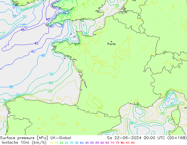 Isotachen (km/h) UK-Global za 22.06.2024 00 UTC
