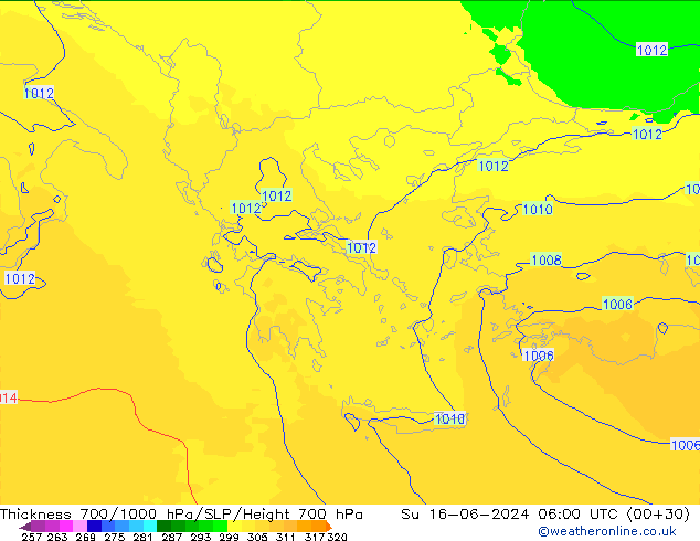 700-1000 hPa Kalınlığı UK-Global Paz 16.06.2024 06 UTC