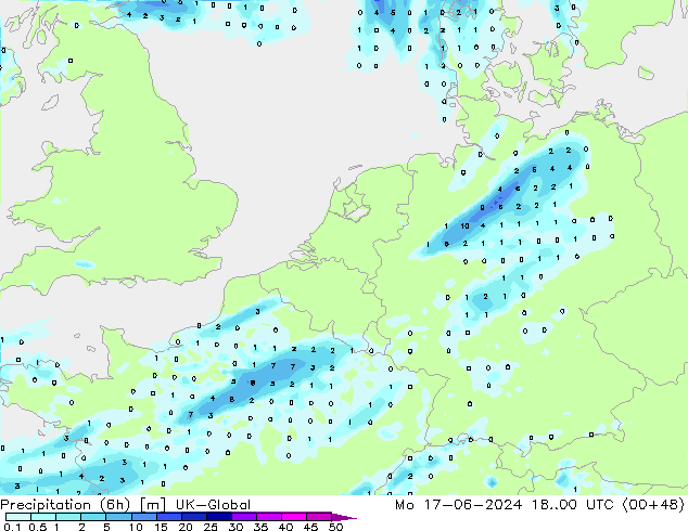 Precipitation (6h) UK-Global Mo 17.06.2024 00 UTC