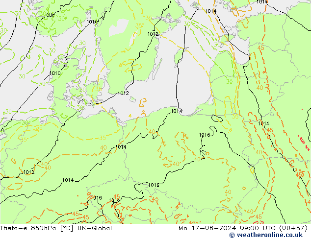 Theta-e 850гПа UK-Global пн 17.06.2024 09 UTC