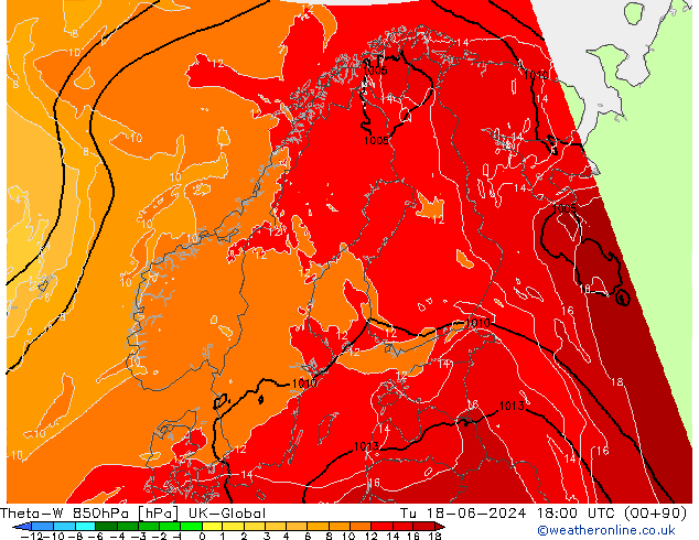 Theta-W 850hPa UK-Global Tu 18.06.2024 18 UTC
