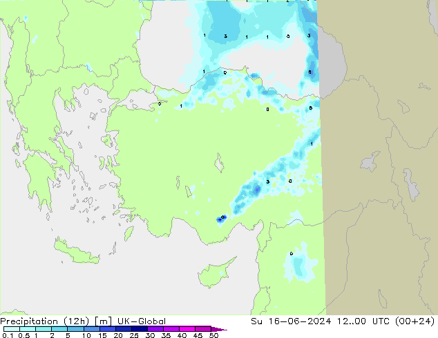 Precipitation (12h) UK-Global Su 16.06.2024 00 UTC