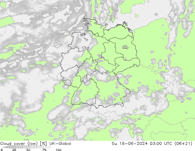 Cloud cover (low) UK-Global Su 16.06.2024 03 UTC
