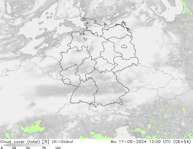 Cloud cover (total) UK-Global Mo 17.06.2024 12 UTC
