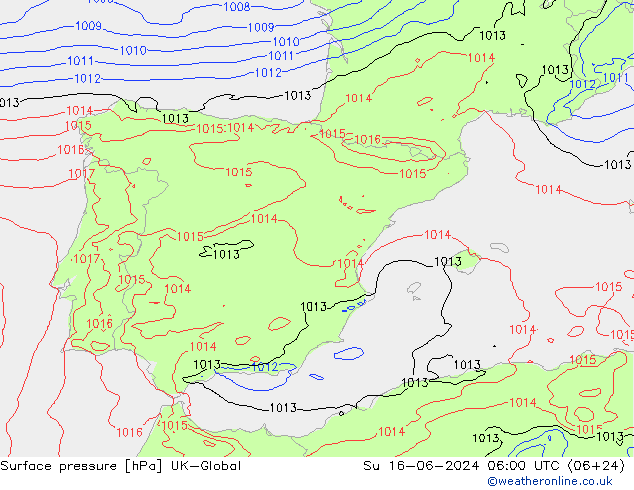 Presión superficial UK-Global dom 16.06.2024 06 UTC