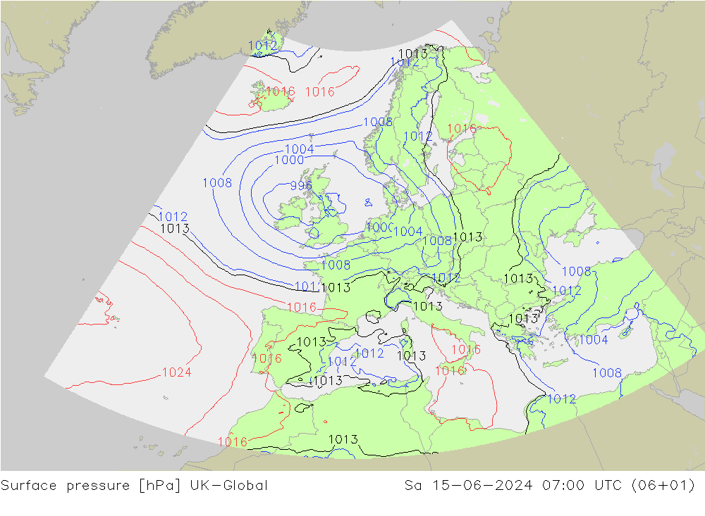 Atmosférický tlak UK-Global So 15.06.2024 07 UTC