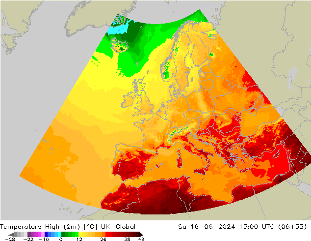 température 2m max UK-Global dim 16.06.2024 15 UTC