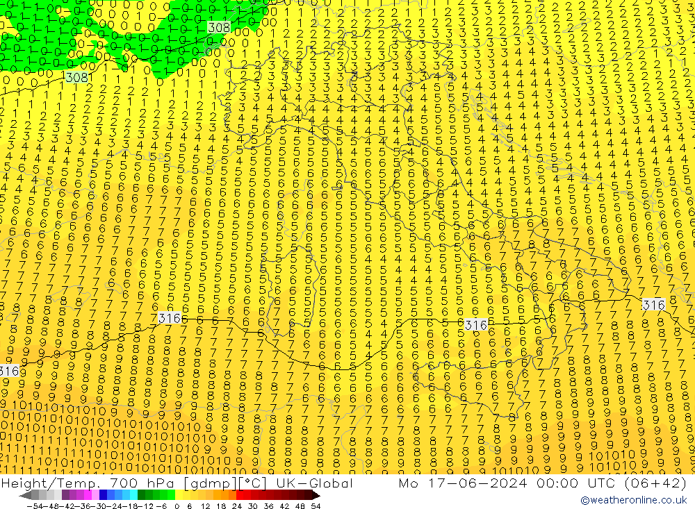 Geop./Temp. 700 hPa UK-Global lun 17.06.2024 00 UTC