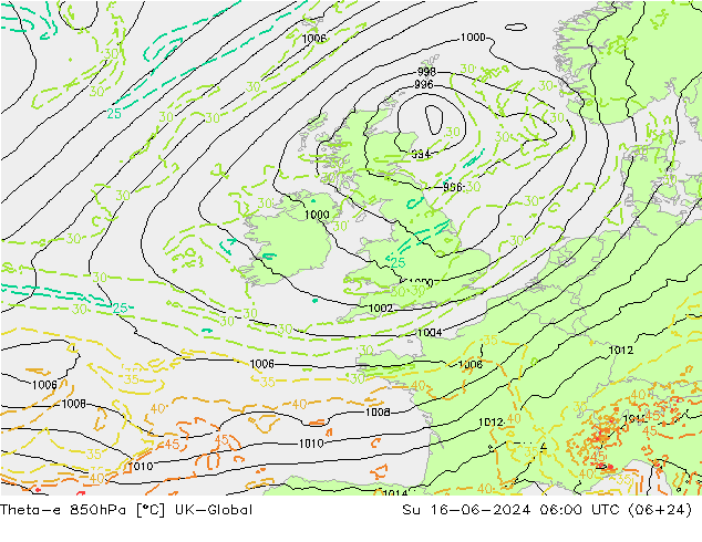 Theta-e 850hPa UK-Global dim 16.06.2024 06 UTC