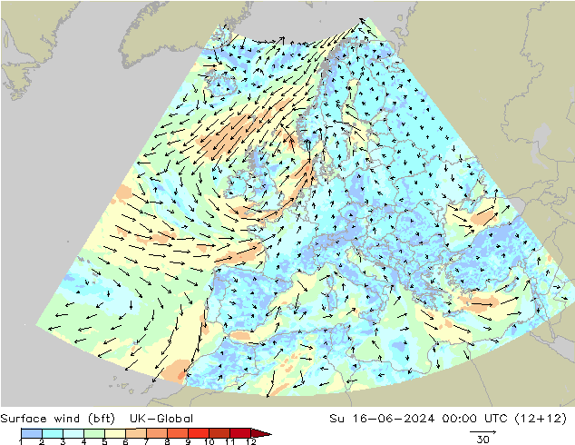 Wind 10 m (bft) UK-Global zo 16.06.2024 00 UTC