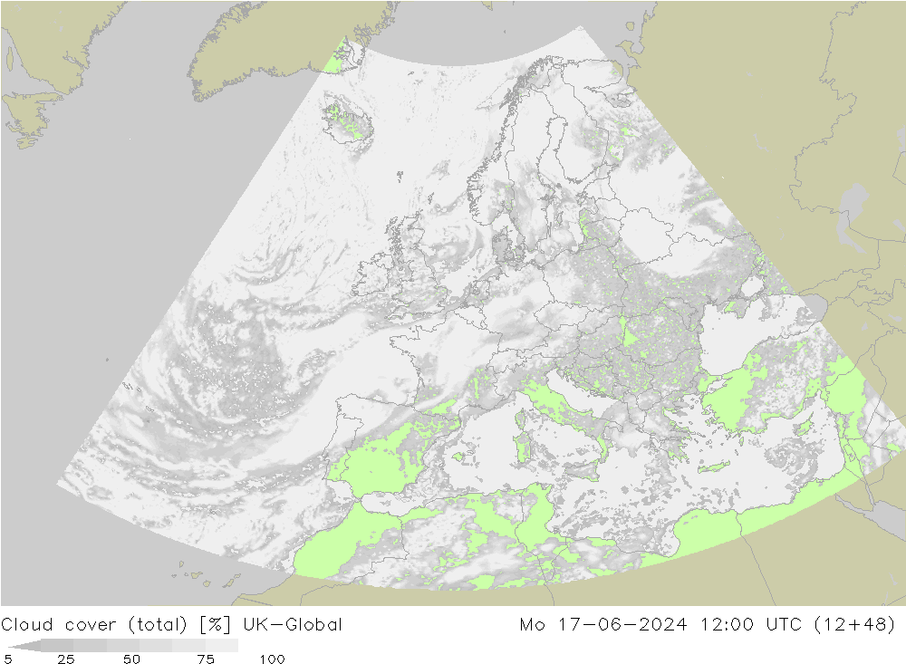 Cloud cover (total) UK-Global Mo 17.06.2024 12 UTC