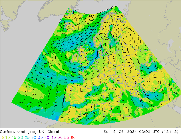 Surface wind UK-Global Su 16.06.2024 00 UTC