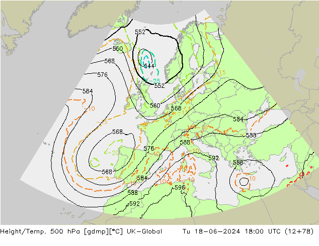 Height/Temp. 500 hPa UK-Global Tu 18.06.2024 18 UTC