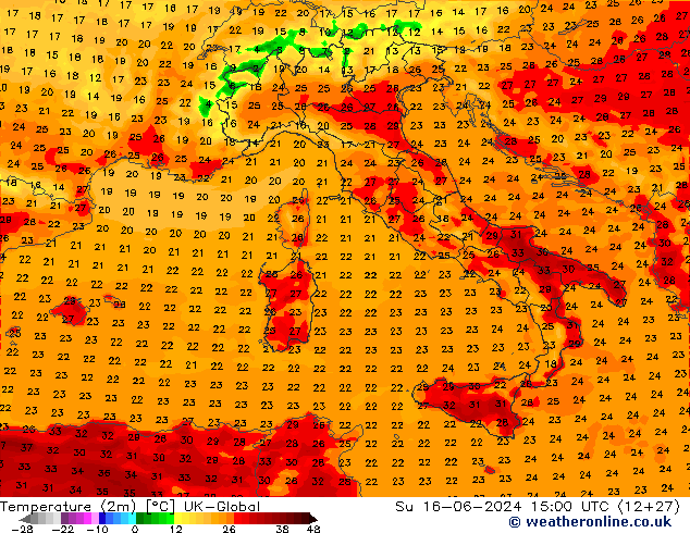 Temperatura (2m) UK-Global Dom 16.06.2024 15 UTC