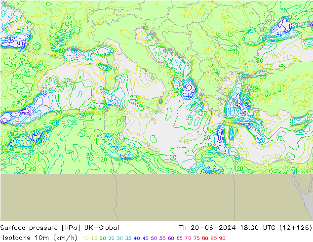 Isotachs (kph) UK-Global Th 20.06.2024 18 UTC