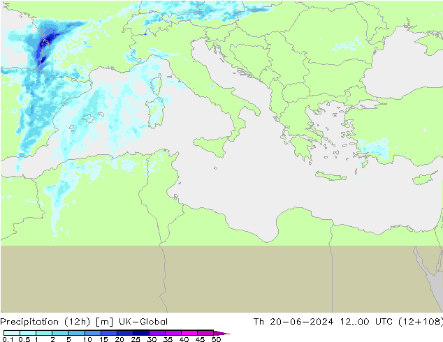 Precipitation (12h) UK-Global Th 20.06.2024 00 UTC