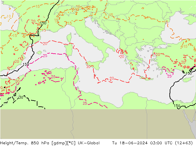 Height/Temp. 850 hPa UK-Global Tu 18.06.2024 03 UTC