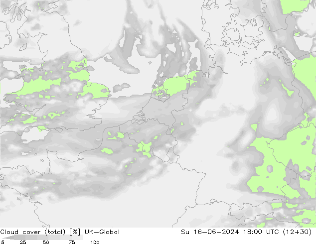 Bewolking (Totaal) UK-Global zo 16.06.2024 18 UTC