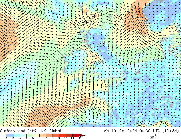 Surface wind (bft) UK-Global We 19.06.2024 00 UTC