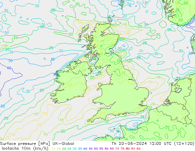 Isotaca (kph) UK-Global jue 20.06.2024 12 UTC