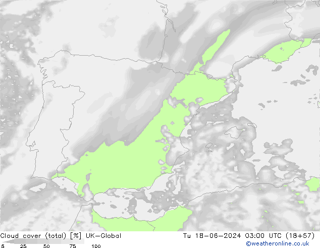 Cloud cover (total) UK-Global Tu 18.06.2024 03 UTC