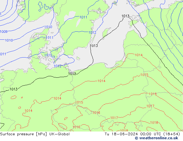 Surface pressure UK-Global Tu 18.06.2024 00 UTC