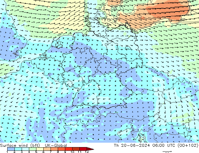 Surface wind (bft) UK-Global Th 20.06.2024 06 UTC