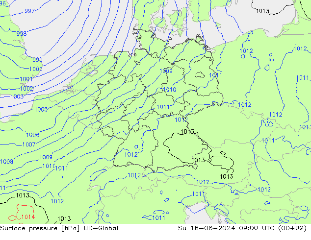 Atmosférický tlak UK-Global Ne 16.06.2024 09 UTC