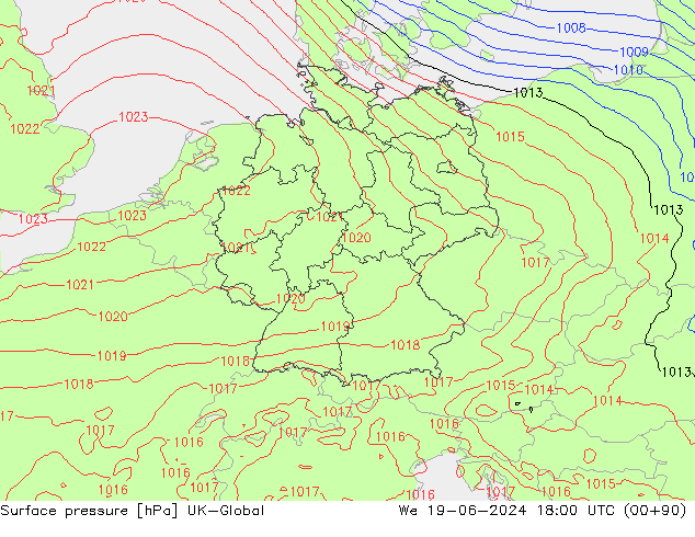 Luchtdruk (Grond) UK-Global wo 19.06.2024 18 UTC