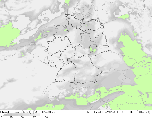 Cloud cover (total) UK-Global Mo 17.06.2024 06 UTC