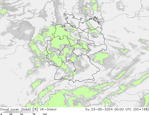 Cloud cover (total) UK-Global Su 23.06.2024 00 UTC