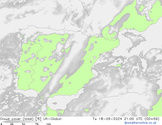 Cloud cover (total) UK-Global Tu 18.06.2024 21 UTC